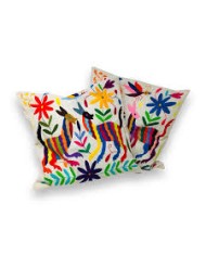 Otomi Hand Embroidery White / Multicolor Decorative Cushion Cover Pillow Case